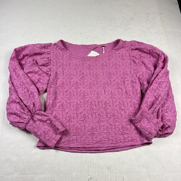 Free People Tea Time Blouse Pink Lace Open Back Boho Romantic Puff Sleeve Large - Picture 2 of 10
